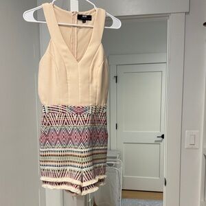 Adelyn Rae Cream V-Neck Dress with Multicolor Geometric Skirt